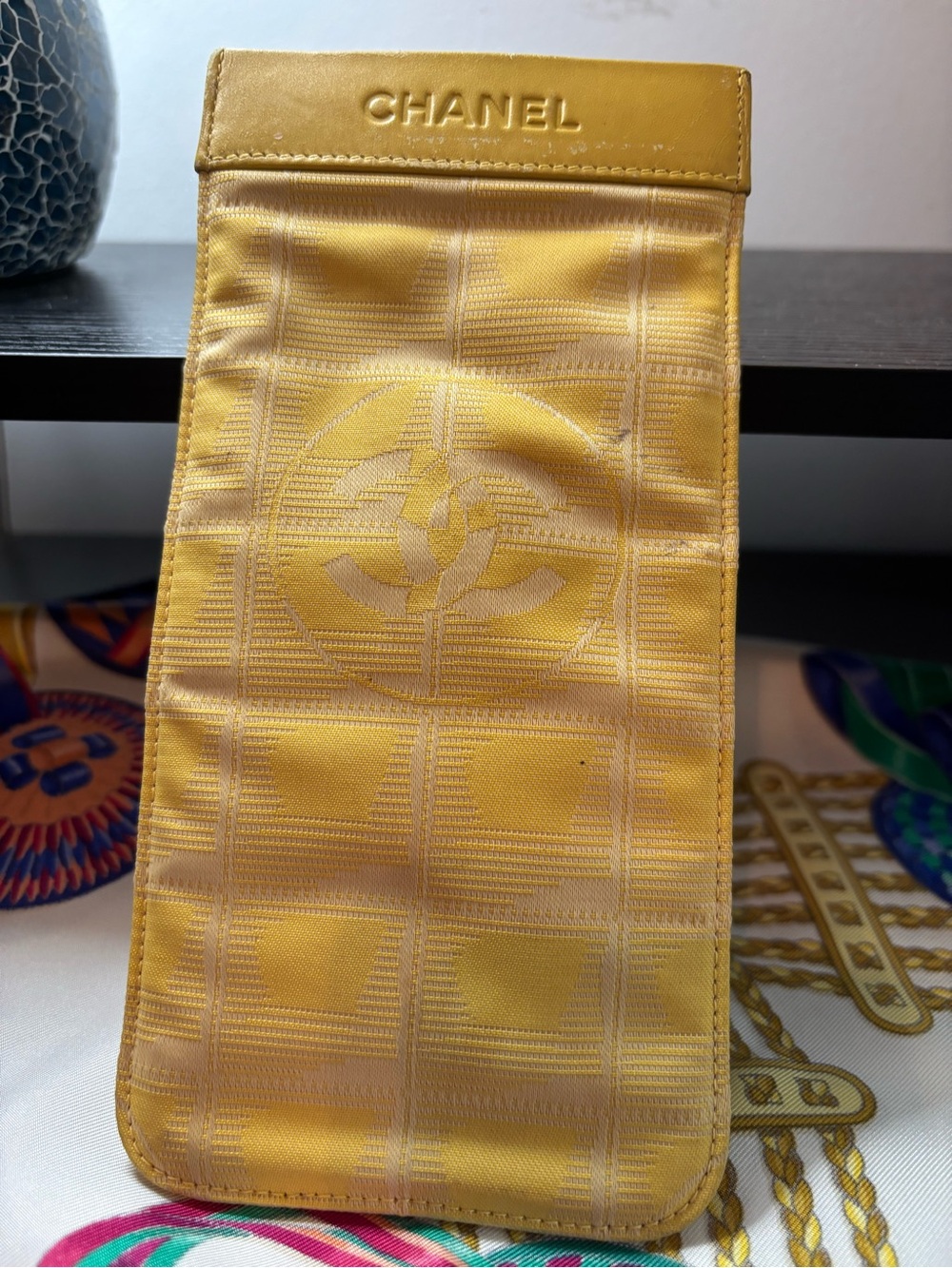 Authentic Rare Vintage CHANEL New Travel Line Eyeglass Case - Yellow Monogram CC